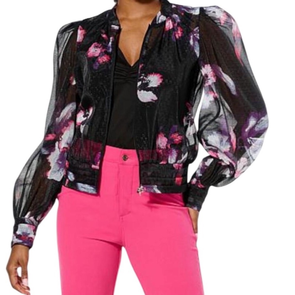 C. Wonder Christian Siriano Bomber Jacket Womens M Black Pink Floral Puff Sleeve